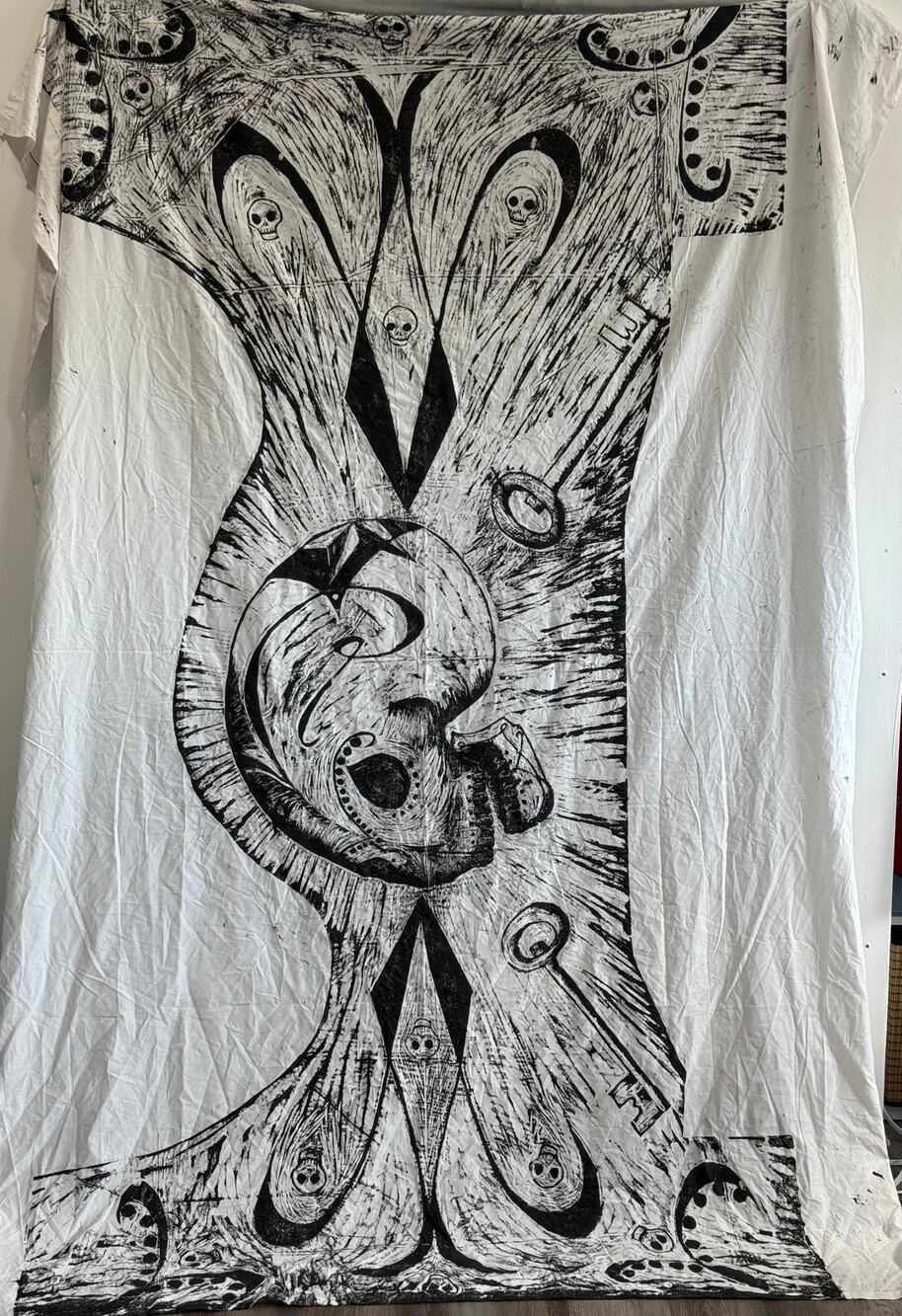 HANDMADE Gothic Skull Wall Tapestry Hand Painted Macabre Halloween Decor 92x64in